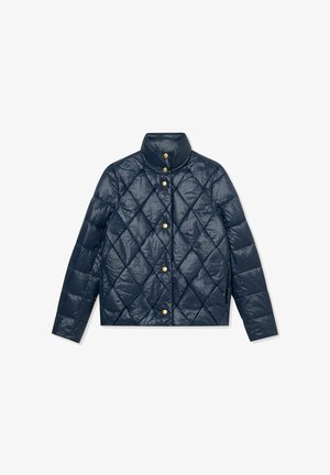 Marineblaue, gesteppte Steppjacke mit hohem Kragen, Druckknopfverschluss und Seitentaschen; glänzende Textur mit Diamantmuster.