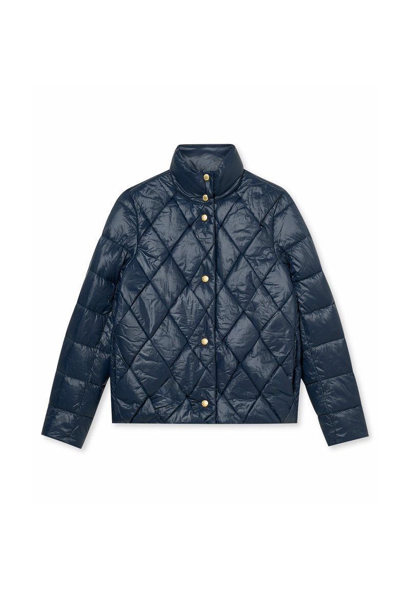 Tmavě modrá prošívaná péřová bunda s vysokým límcem, zapínáním na patentky a bočními kapsami; lesklý povrch s diamantovým vzorem.