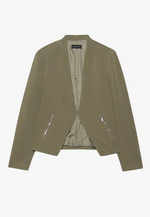 Blazer verde oliva con design senza revers, dotato di due tasche laterali con cerniere argentate e foderato con un rivestimento interno liscio.