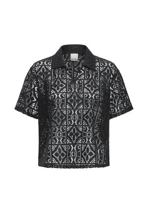 Must lühikeste varrukatega pitspluus geomeetrilise läbimõõdu mustriga, kraega kaelusega ja ees tõmblukkudetailiga.