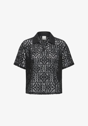 Must lühikeste varrukatega pitspluus geomeetrilise läbimõõdu mustriga, kraega kaelusega ja ees tõmblukkudetailiga.