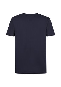 Námorně modré bavlněné tričko s krátkými rukávy, se zaobleným výstřihem a hladkým zadním dílem bez viditelných log nebo vzorů.