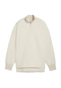 Cremfarbener Quarter-Zip-Pullover aus strukturiertem Material, mit gerippten Bündchen und einem kleinen weißen Logo auf der Brust.