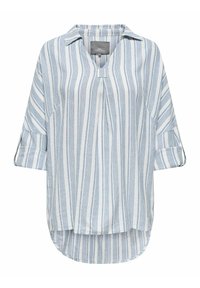 Chemise bleu clair et blanche à rayures, en mélange de coton, col avec décolleté en V, manches trois-quarts, ourlet arrondi, coupe décontractée, détail de plis.