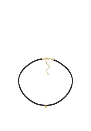 Czarny naszyjnik choker na sznurku z małym złotym koralikiem jako zawieszką oraz złotym regulowanym zapięciem na łańcuszku.