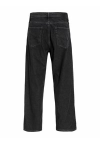 Jean noir à jambes larges avec deux poches arrière et taille haute, présenté de dos sur un fond blanc.