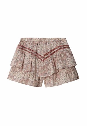 Pantalones cortos ligeros con estampado floral, volantes en capas y detalle de cheurón bordado en rojo en la cintura elástica.