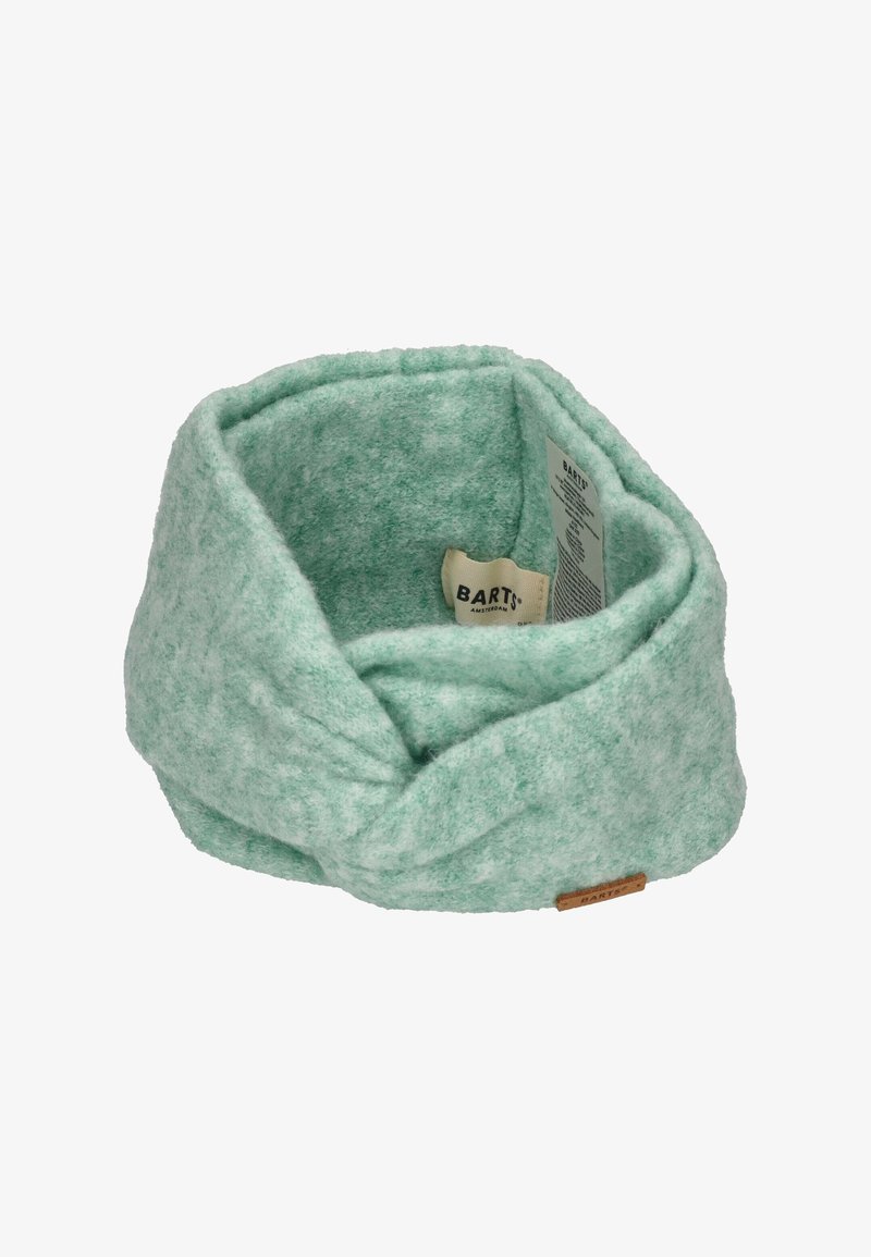 Weicher, mintgrüner Fleece-Halswärmer mit strukturierter Oberfläche und kleinem Etikett. Gedrehtes Design für eine verstellbare Passform.