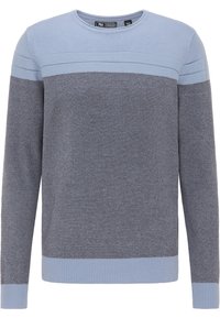 Pull en tricot à manches longues pour homme, avec un empiècement, des poignets et un ourlet bleu clair, et un corps et des manches grises texturées.