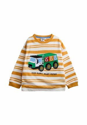 Weißes und senfgelb gestreiftes Langarmshirt für Kinder mit einem bestickten grünen Recycling-LKW und dem Text "Clean Planet. Bright Future." auf der Vorderseite.