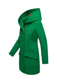 Green waterproof jacket with a large hood, two front pockets, and a zipper. Features a logo on the chest and smooth texture.