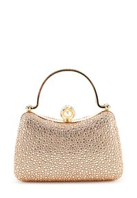 Perlenbesetzte Clutch-Tasche in Roségold mit abgerundeter Form, goldenem Metallgriff und perlenverziertem Verschluss. Verfügt über eine strukturierte Oberfläche mit funkelnden Elementen.