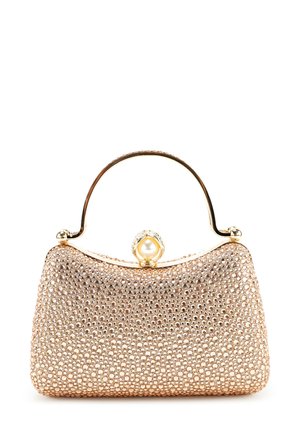 Perlenbesetzte Clutch-Tasche in Roségold mit abgerundeter Form, goldenem Metallgriff und perlenverziertem Verschluss. Verfügt über eine strukturierte Oberfläche mit funkelnden Elementen.
