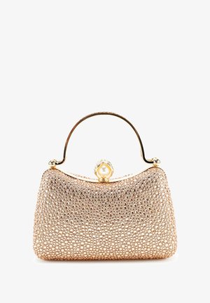 Perlenbesetzte Clutch-Tasche in Roségold mit abgerundeter Form, goldenem Metallgriff und perlenverziertem Verschluss. Verfügt über eine strukturierte Oberfläche mit funkelnden Elementen.