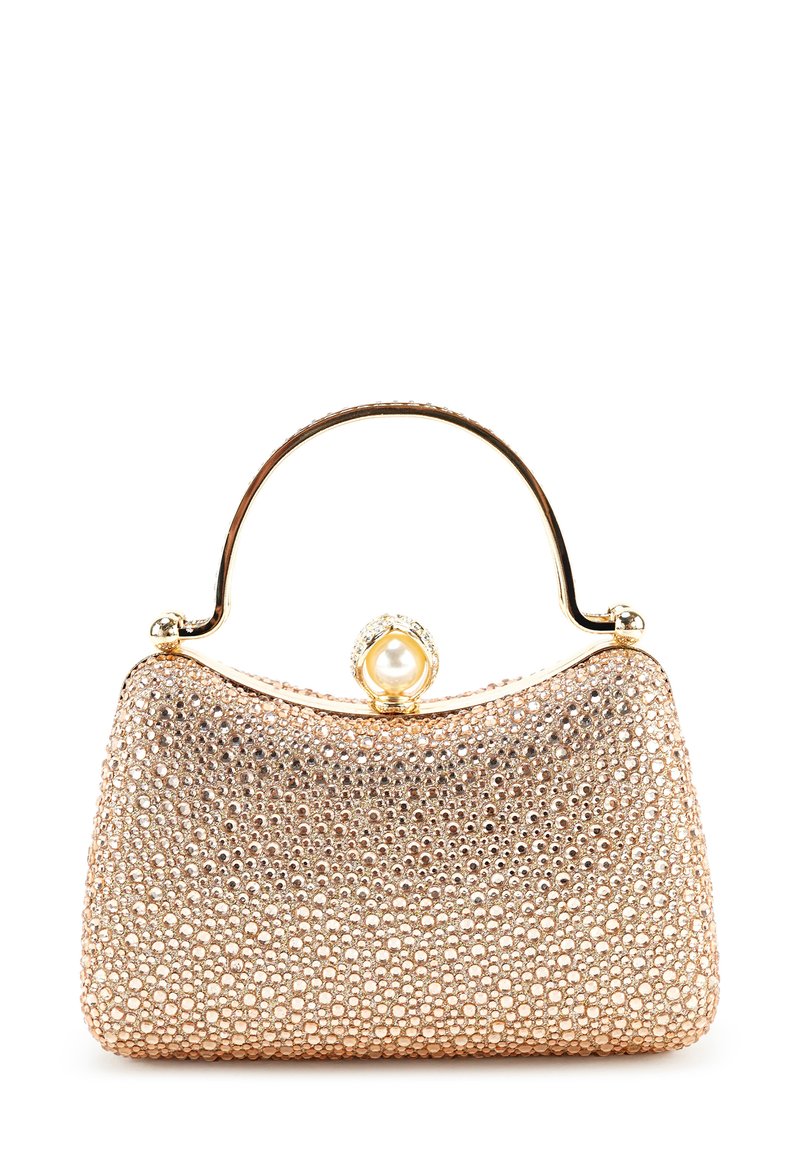 Perlenbesetzte Clutch-Tasche in Roségold mit abgerundeter Form, goldenem Metallgriff und perlenverziertem Verschluss. Verfügt über eine strukturierte Oberfläche mit funkelnden Elementen.