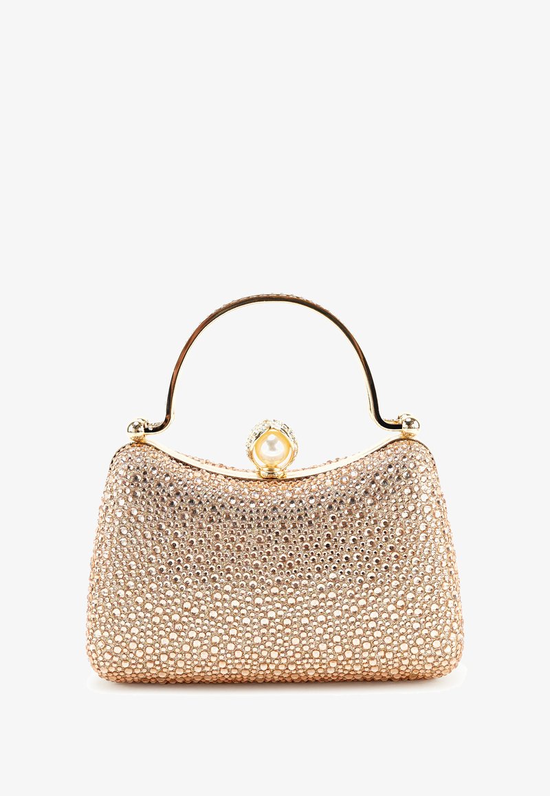 Perlenbesetzte Clutch-Tasche in Roségold mit abgerundeter Form, goldenem Metallgriff und perlenverziertem Verschluss. Verfügt über eine strukturierte Oberfläche mit funkelnden Elementen.