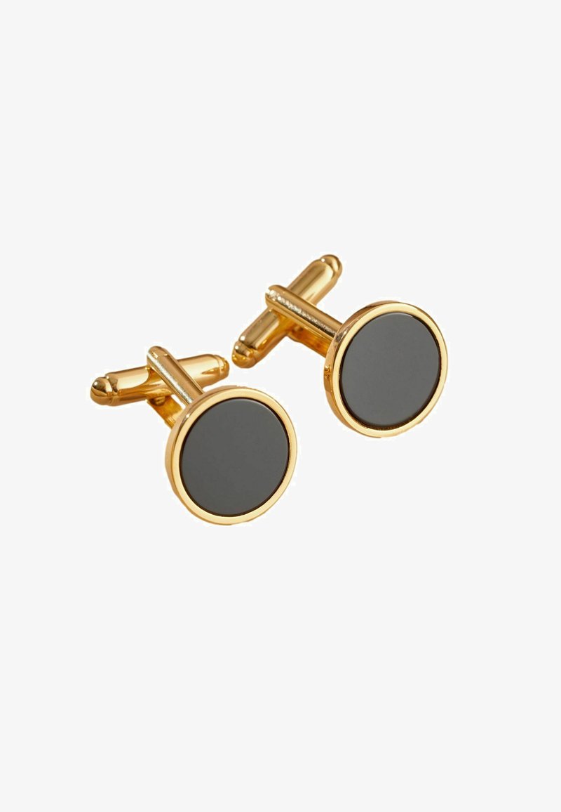 Gold-tone cufflinks with circular black centers. Polished metal finish, featuring a classic design with a sturdy swivel backing.