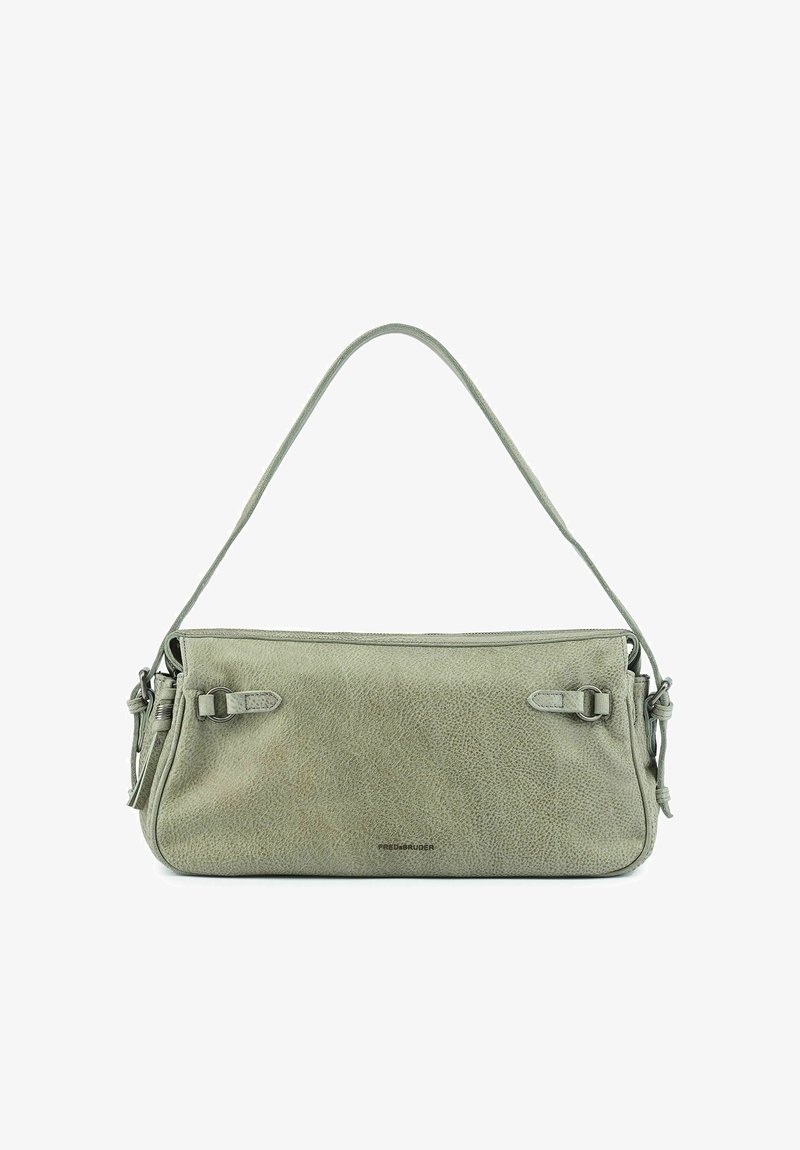 Sac à bandoulière en cuir texturé vert clair avec une seule longue sangle, des détails en boucle métallique et le logo de la marque au centre à l'avant.