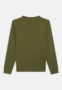 Felpa a maniche lunghe color verde oliva con collo rotondo, bordi e fondo a costine, realizzata in morbido cotone, caratterizzata da una finitura a trama semplice.