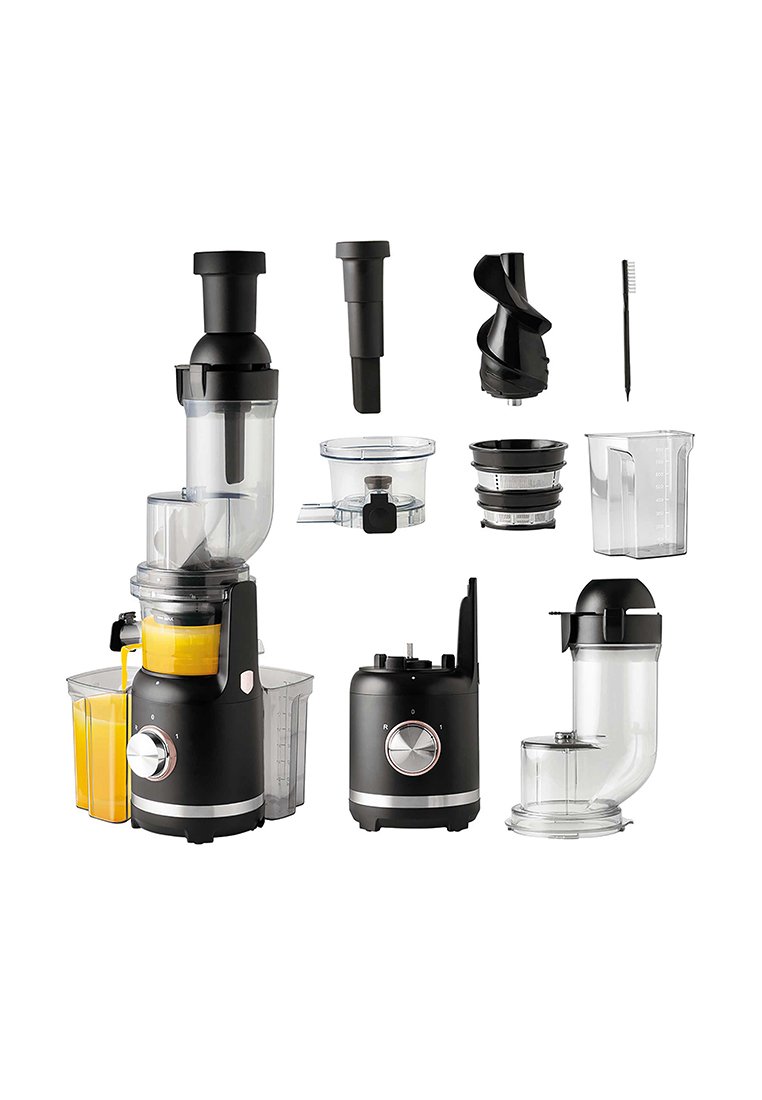 Černý pomalý odšťavňovač s několika odnímatelnými částmi, včetně nádob na šťávu, šneku, čisticího kartáče a sběrače dužiny, zobrazené zvlášť.