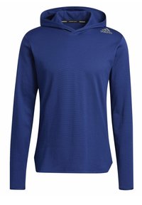 Chemise à manches longues bleue avec capuche et logo Adidas sur l'épaule droite, avec un design simple sans poches avant ni fermetures éclair.