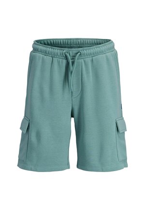 Zelené bavlnené cargo šortky s elastickým pásom, nastaviteľným šnúrkovým uzáverom a dvoma bočnými vreckami s klopovými uzávermi.