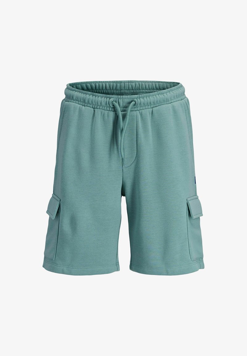 Shorts cargo en coton verts avec une taille élastique, cordon de serrage réglable et deux poches latérales avec rabats.