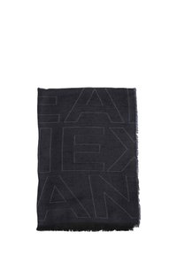 Sciarpa nera con texture caratterizzata da un design grafico in rilievo con lettere angolari. I bordi sono frangiati per un tocco di dettaglio in più.