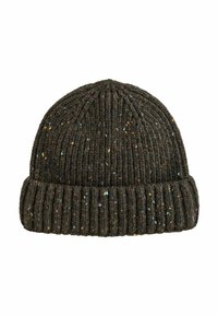 Dark brown knitted beanie made of textured wool, featuring a ribbed pattern and specks of blue and yellow throughout. Folded cuff detail.