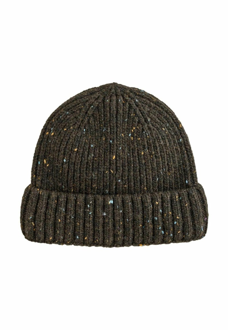 Dark brown knitted beanie made of textured wool, featuring a ribbed pattern and specks of blue and yellow throughout. Folded cuff detail.