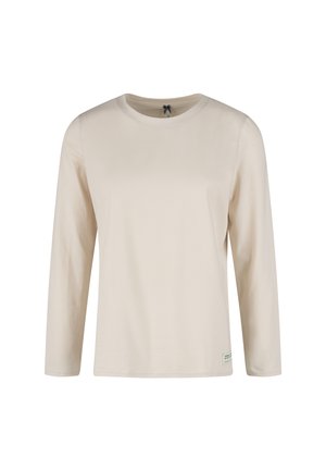 Licht beige langarmshirt van zachte katoen. Heeft een ronde hals en een klein merkenlabel aan de onderkant links. Gladde textuur.