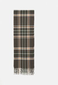 Brown plaid scarf with green, white, and orange stripes, finished with fringes at both ends. Made of soft textile material.