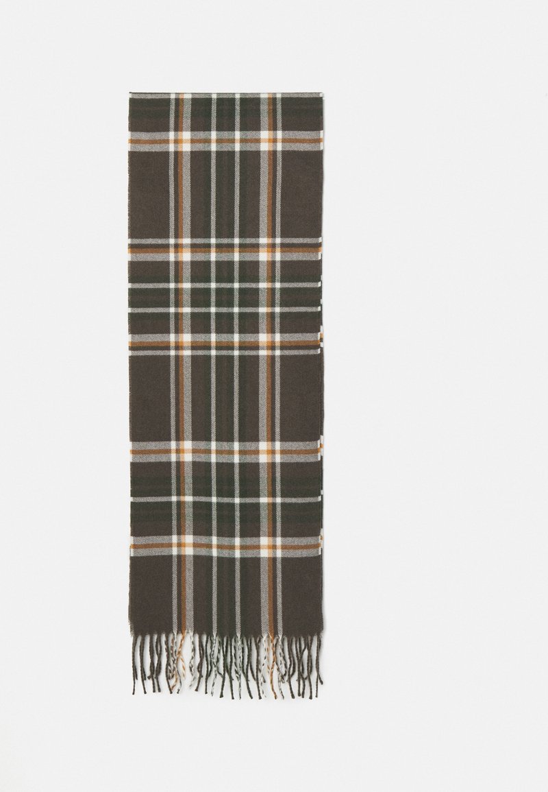 Brown plaid scarf with green, white, and orange stripes, finished with fringes at both ends. Made of soft textile material.