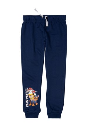 Pantaloni della tuta blu navy realizzati in tessuto morbido, con vita elastica e coulisse, decorati con una grafica colorata di tre cani di "Paw Patrol."