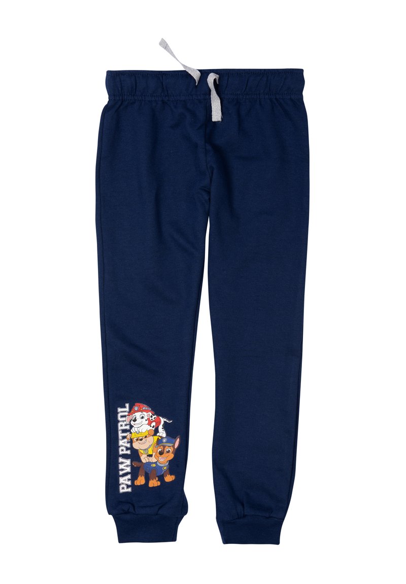 Marineblaue Sweatpants aus weichem Material, mit elastischem Bund und Kordelzug, sowie einem bunten Grafikdesign von drei Hunden aus "Paw Patrol".