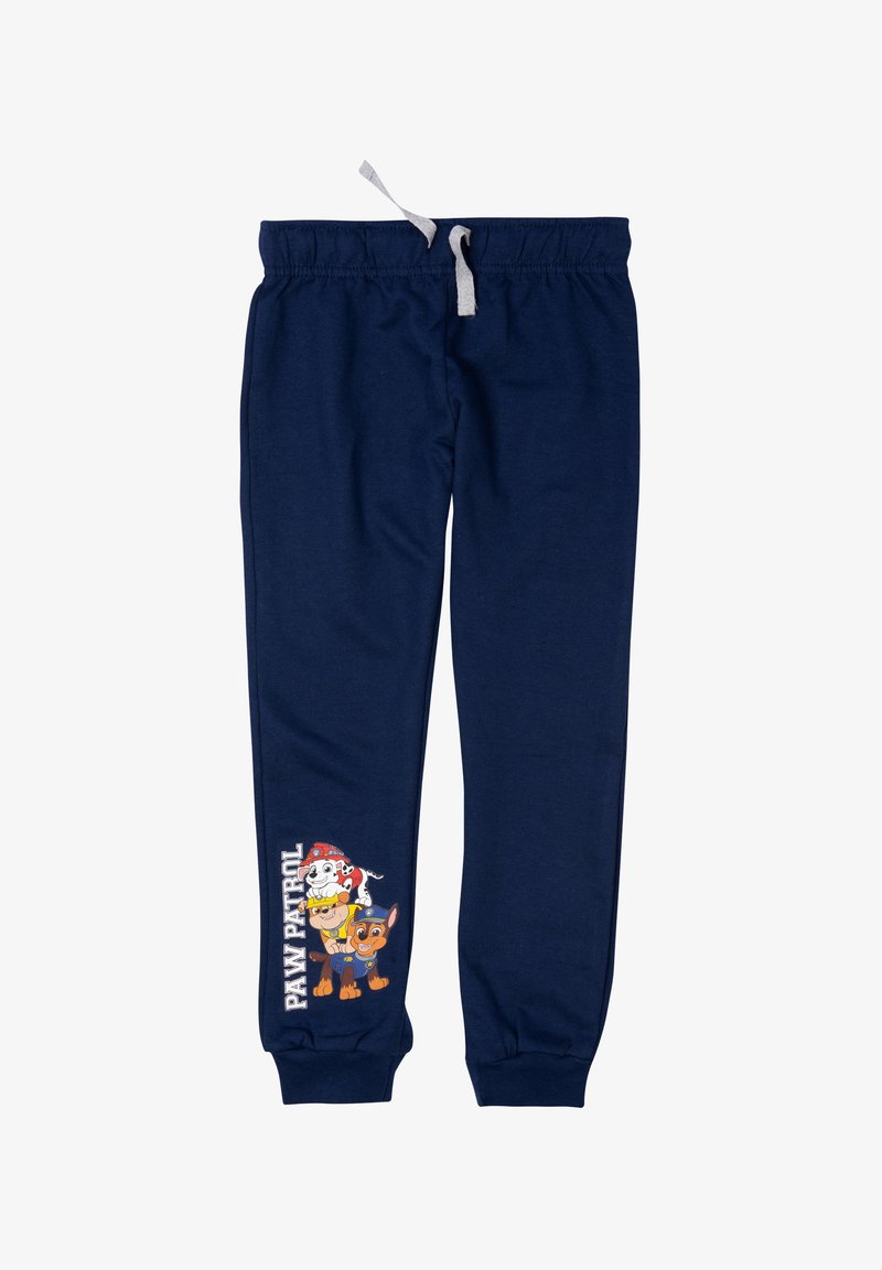 Marineblaue Sweatpants aus weichem Material, mit elastischem Bund und Kordelzug, sowie einem bunten Grafikdesign von drei Hunden aus "Paw Patrol".