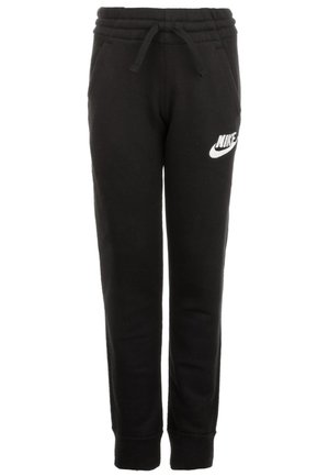 Pantalons de jogging en coton noir avec une taille élastique, des poches latérales discrètes et un logo Nike blanc sur la cuisse gauche. Texture lisse.