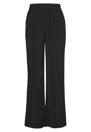 Schwarze, hoch taillierte, weit geschnittene Hose mit elastischem Bund und vertikalen Frontnähten, aus glattem Stoff gefertigt.