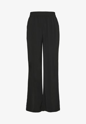 Pantalones anchos de talle alto negros con cinturilla elástica y costuras verticales frontales, hechos de tela suave.