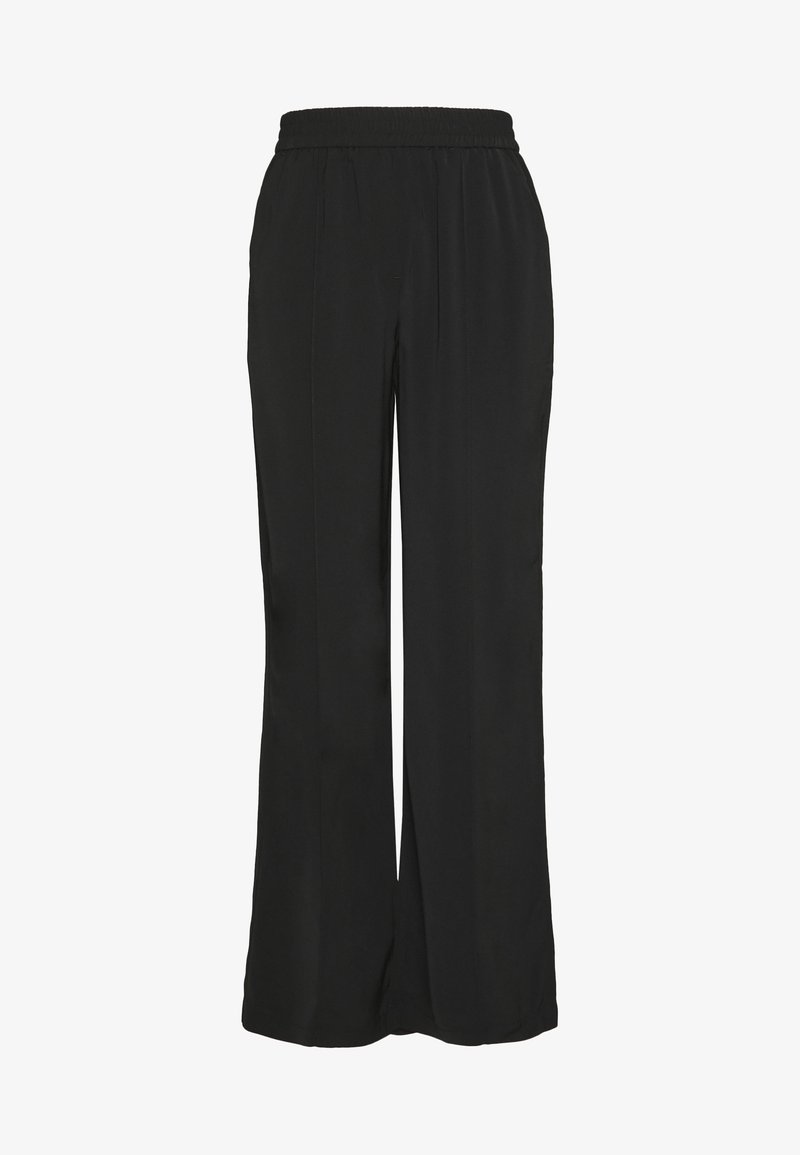 Musta korkeavyötäröiset leveälahkeiset housut, joissa on joustava vyötärönauha ja etuosassa pystysaumat, valmistettu sileästä kankaasta.