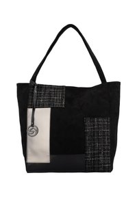 Sac fourre-tout en suede noir avec un design en patchwork mettant en avant des accents en tweed noir et gris, un matériel élégant, et de doubles poignées.