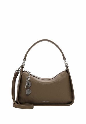 Brown leather handbag with a smooth texture, curved shape, short handle, and detachable crossbody strap. Features silver hardware and a charm.