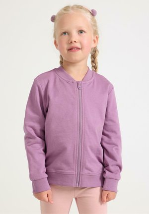 Lila Zip-Up-Jacke mit rundem Ausschnitt und gerippten Bündchen, aus weichem Stoff mit glatter Textur gefertigt.