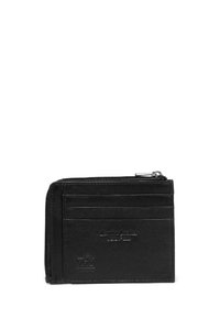 Portafoglio in pelle nera con più scomparti per carte, un comparto con zip, branding embossato e protezione RFID. Design compatto con texture liscia.