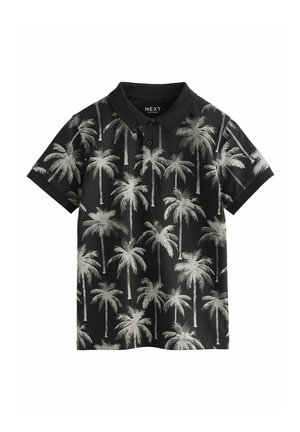 Polo noir avec un motif de palmier en blanc et gris. Manches courtes et col avec détail de boutons.
