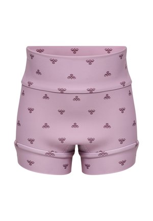 Lys lilla shorts med høj talje og små mørklilla bi-mønstre jævnt fordelt over stoffet.