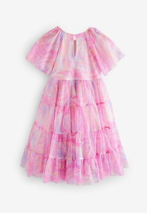 Pink tiered dress with marbled pattern in shades of pink and lavender, featuring short flutter sleeves and a back keyhole button closure.