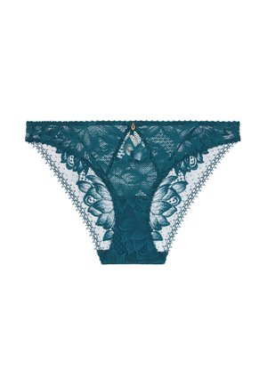 Culotte hipster en dentelle bleu sarcelle présentant des motifs floraux, des bords festonnés et un petit charm en or au centre devant. Texture semi-transparente.