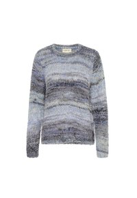 Lätt stickad tröja med varierande blå och grå ränder, rund hals, och långa ärmar med en texturerad yta.