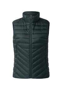 Gilet matelassé vert foncé avec un col haut, fermeture éclair à l'avant et un design matelassé en diagonale. Comprend des poches latérales et une texture légère et élégante.